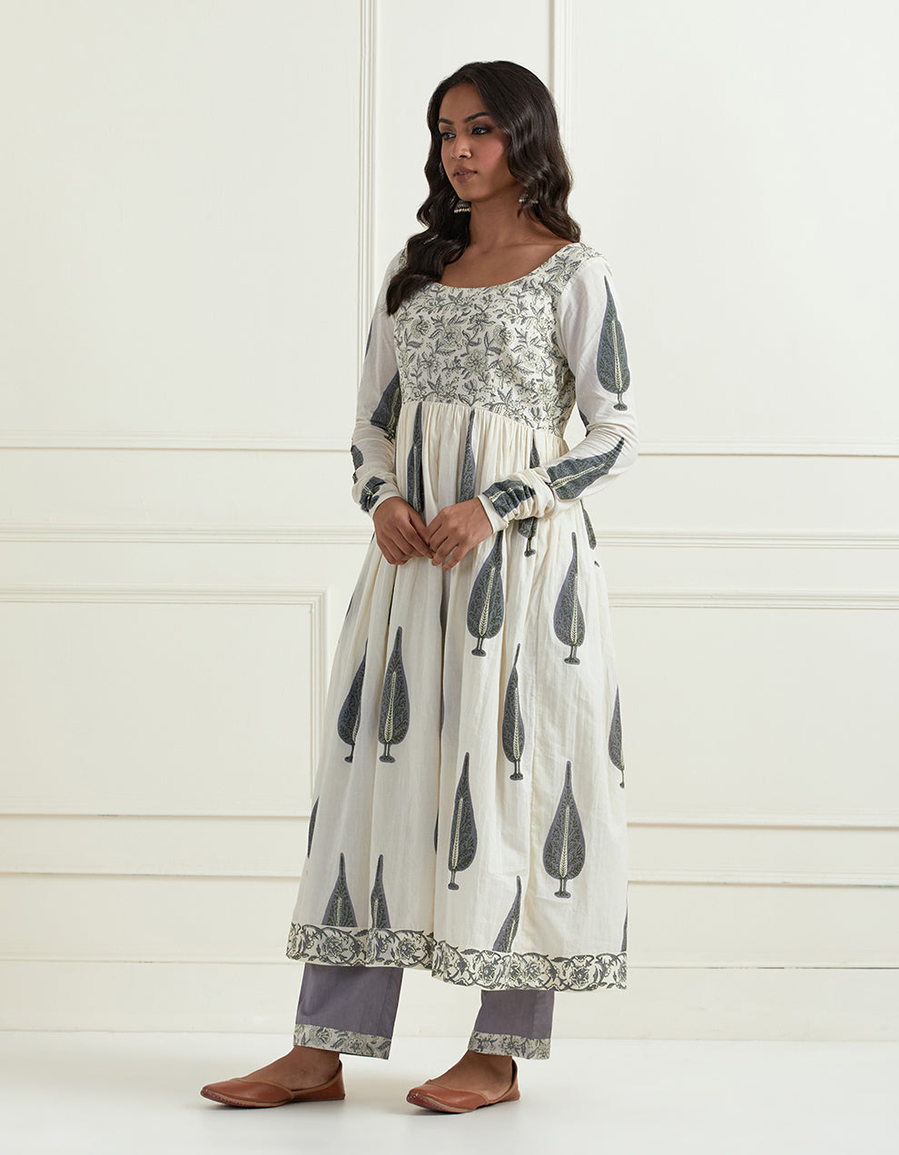 Grey cotton block printed kurta with pants and dupatta