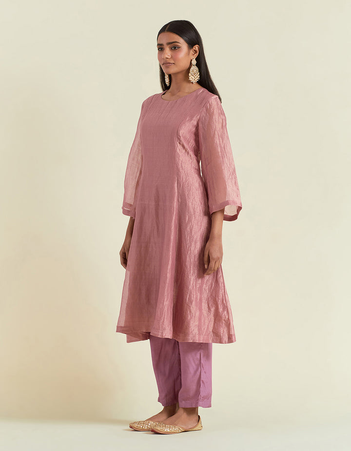 Dusty Rose Shimmer Organza Kurta With Muslin Pants