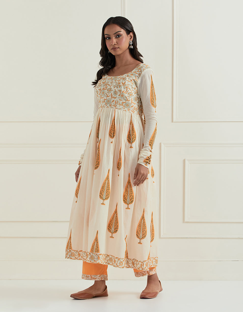 Orange cotton block printed kurta with pants and dupatta