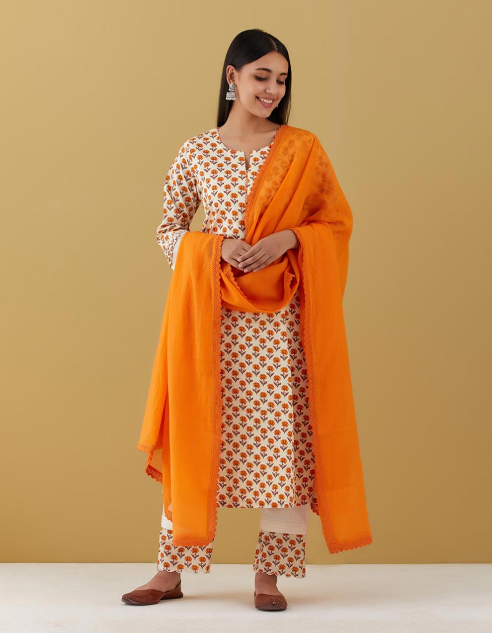 Orange Block Printed Kurta With White Pants And Lace Dupatta