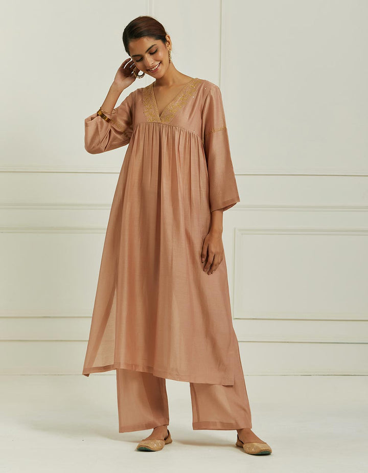 Beige Embroidered Chanderi Kurta With Pants And Dupatta