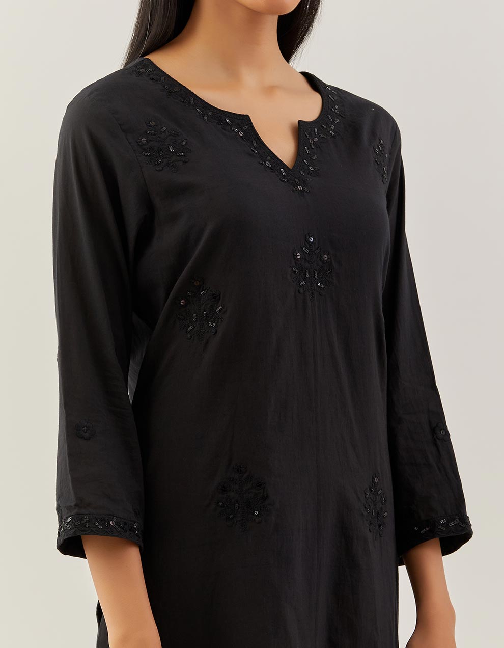 Black Embroidered Cotton Kurta With Pants