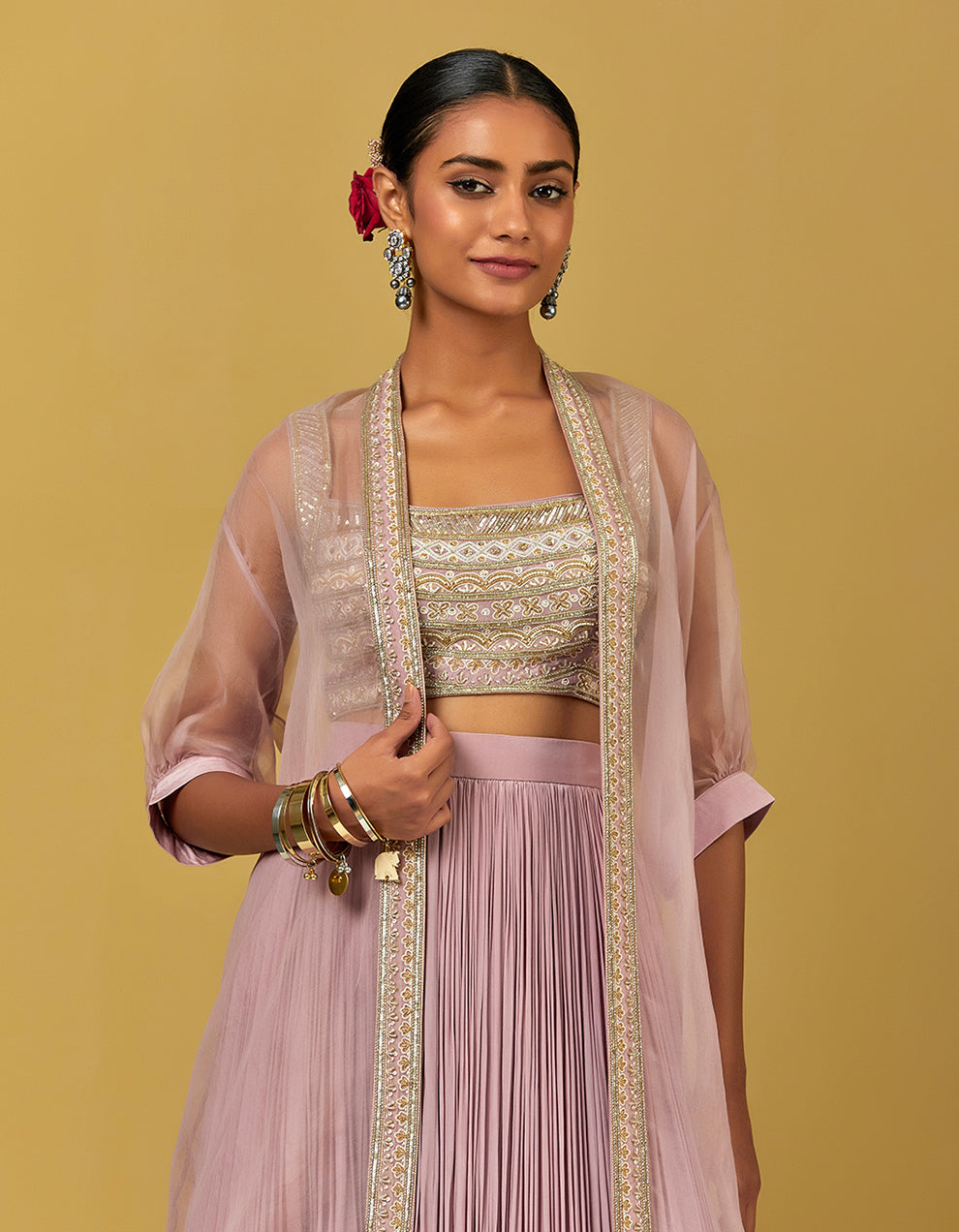 Lavender Hand Embroidered Chanderi Silk Crop Top With Skirt And Cape