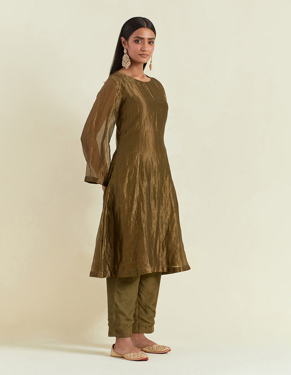 Olive Green Shimmer Organza Kurta With Muslin Pants