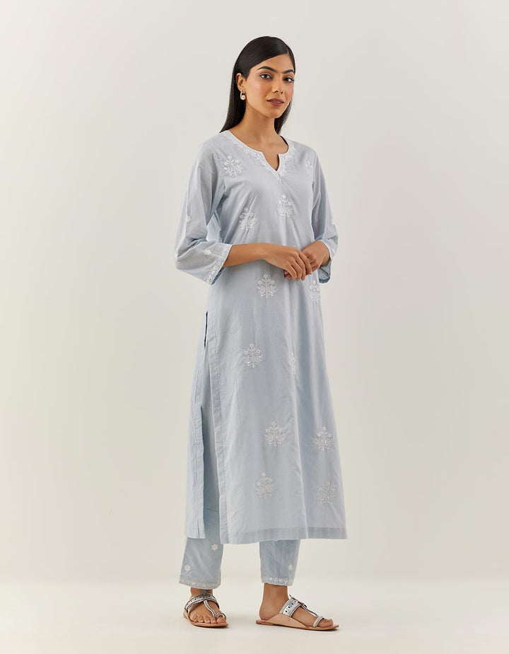 Blue Embroidered Cotton Kurta With Pants And Dupatta