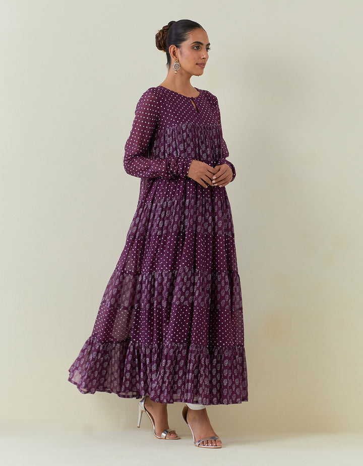 Purple Block Print Light Chanderi Tiered Kurta and dupatta with Cambric Churidar