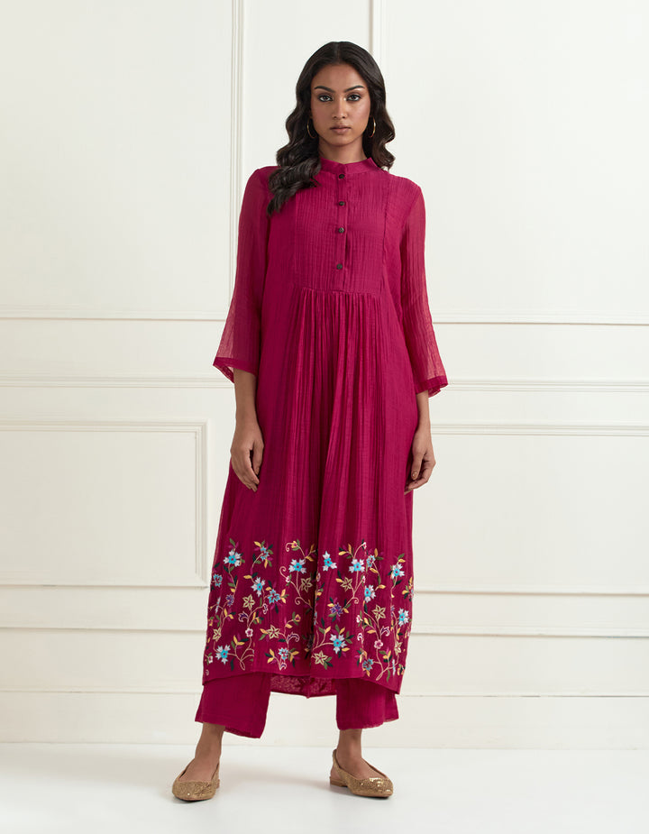 Magenta hand embroidered chanderi silk kurta with pants and dupatta