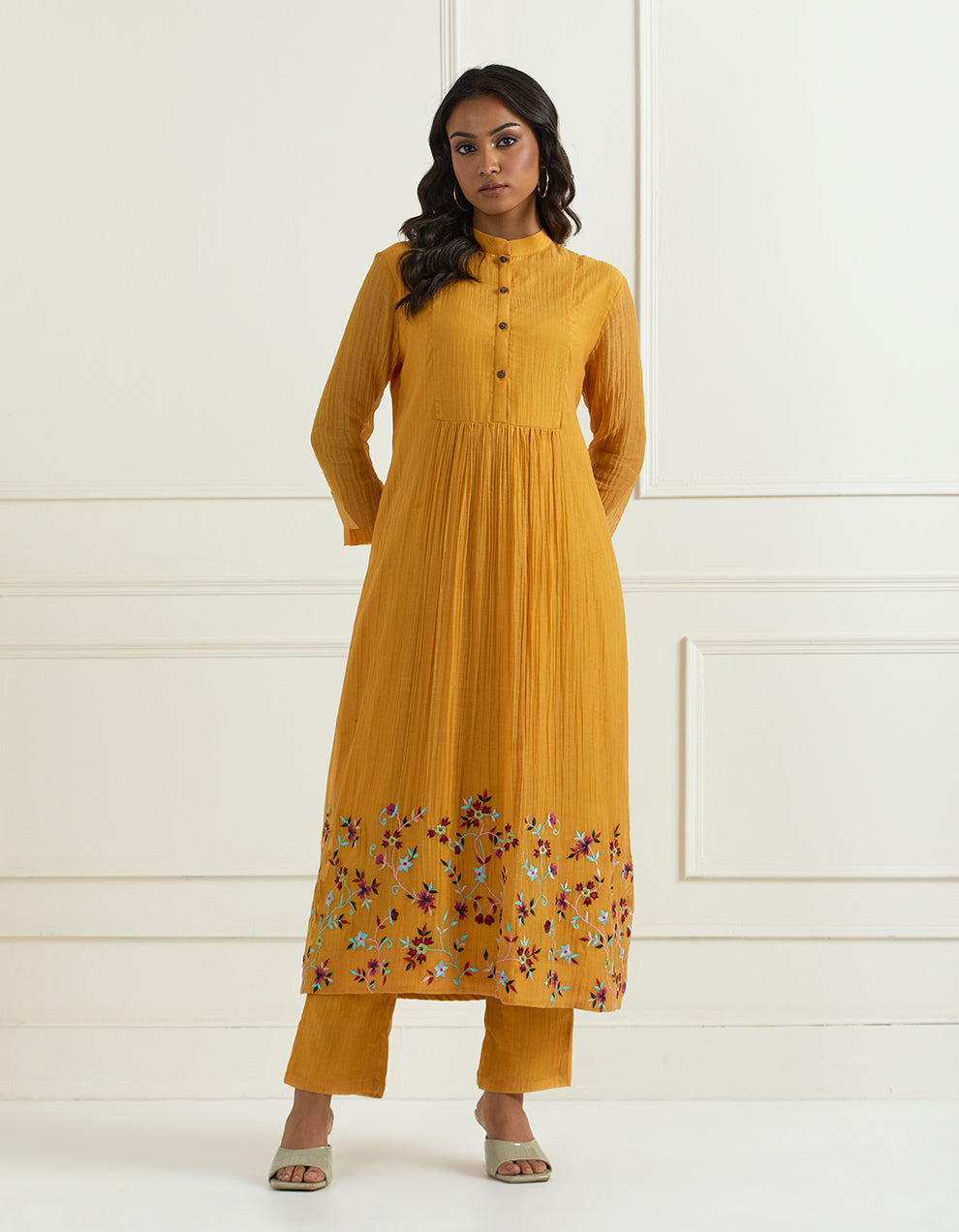 Yellow hand embroidered chanderi kurta with pants and dupatta