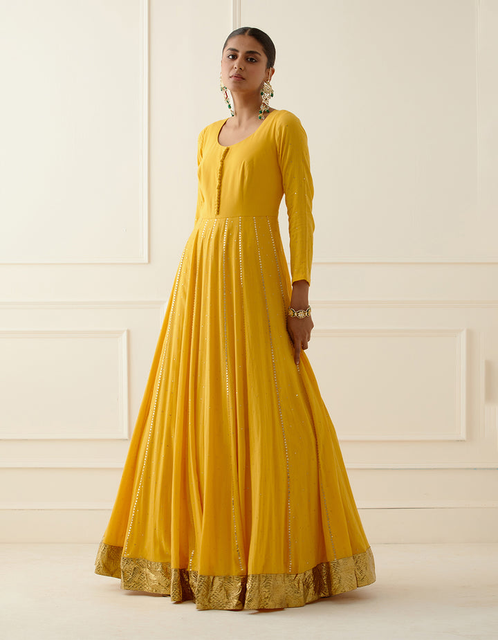 Yellow Cheese Cotton Floor Length Anarkali With Dupatta