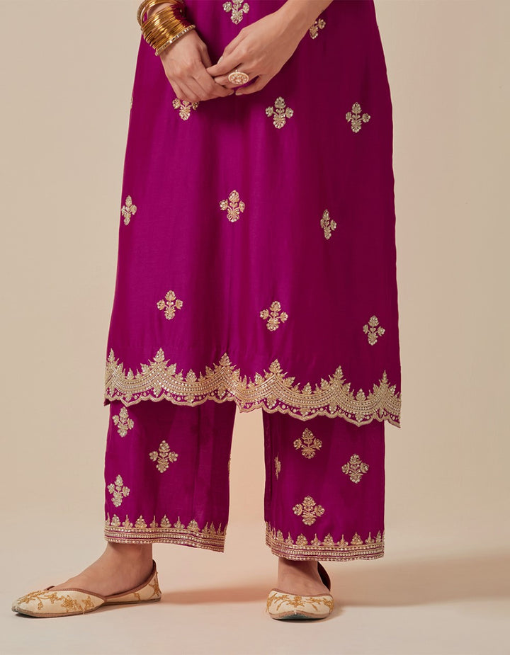 Magenta hand embroidered chanderi silk kurta with pants