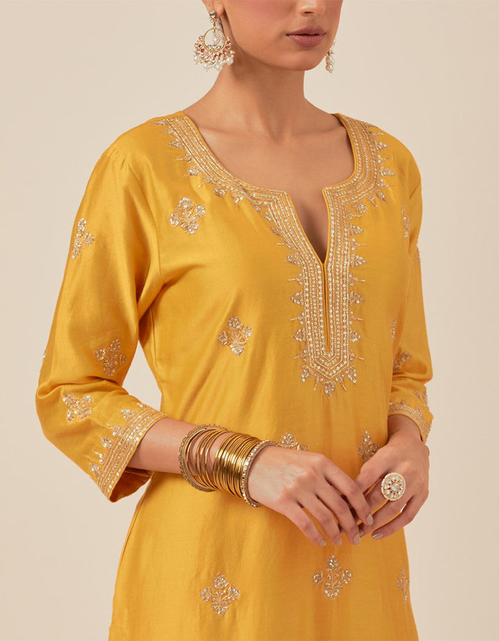 Yellow hand embroidered kurta with pants and dupatta