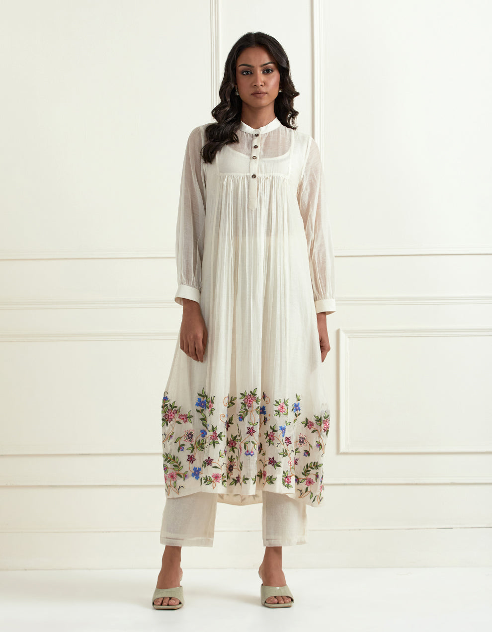 White hand embroidered chanderi kurta with pants and dupatta