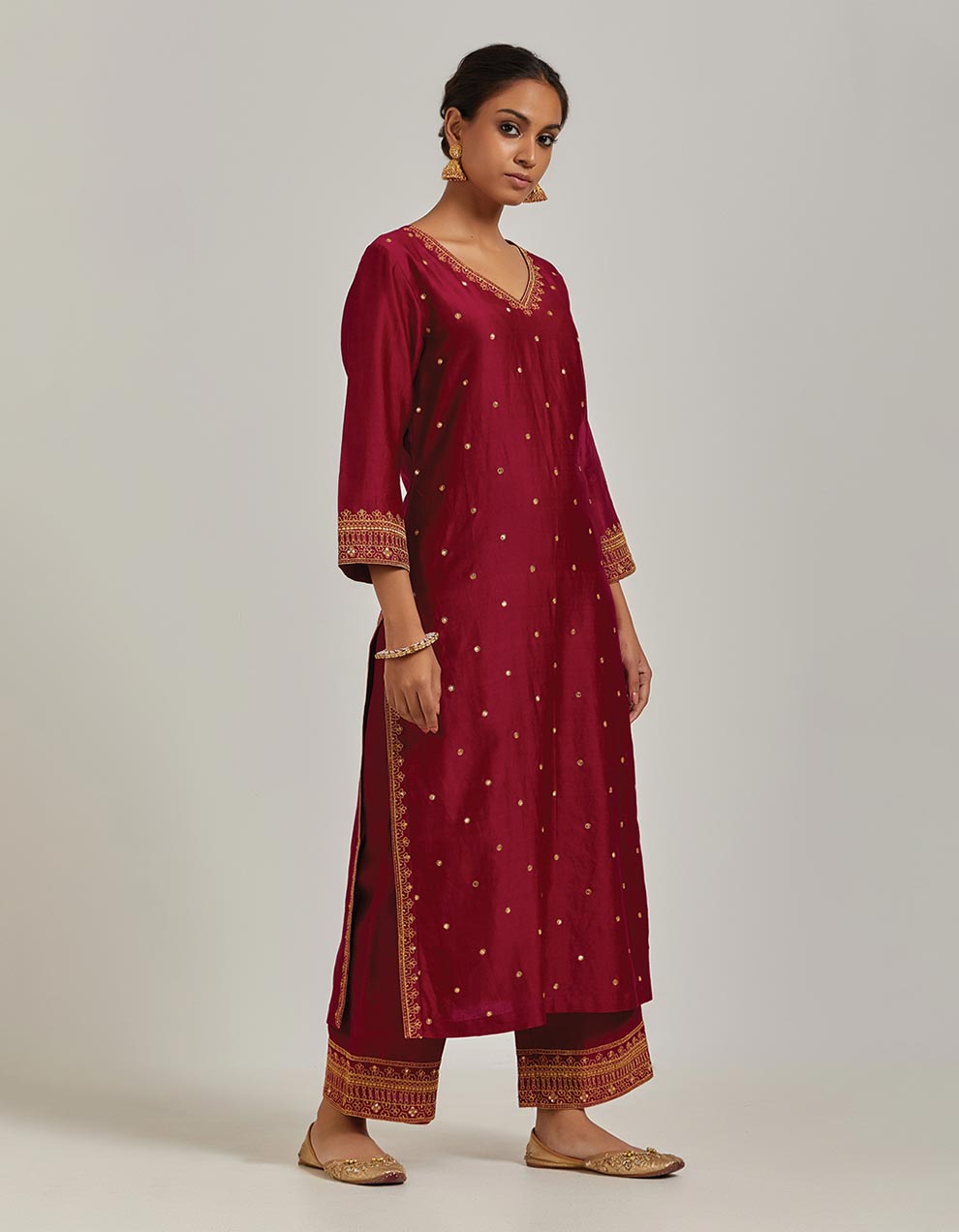 Red Chanderi Silk Embroidered Kurta With Pants