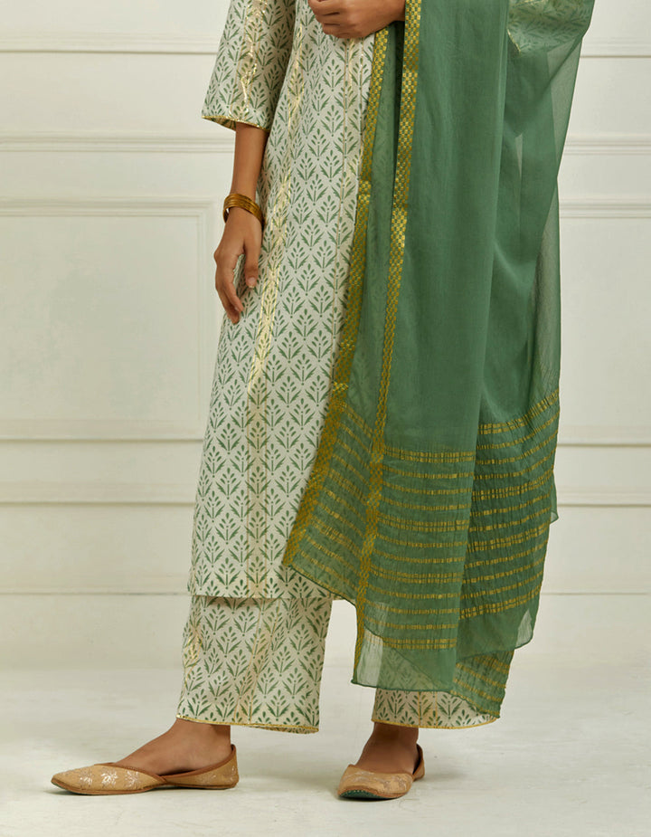 Green Printed Kurta With Pallazo And Dupatta