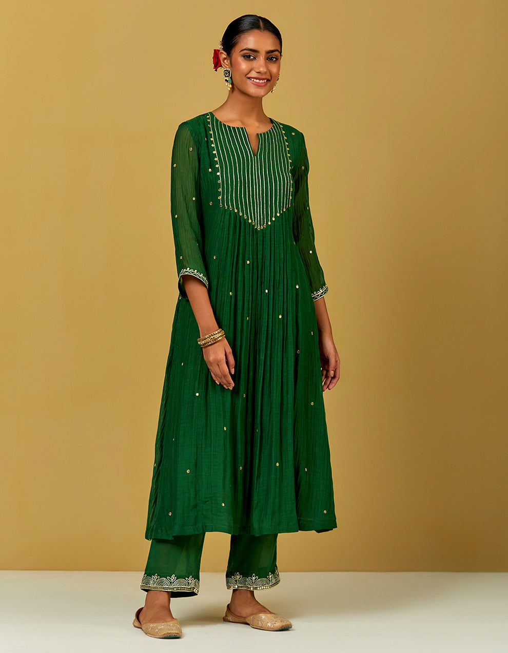 Green Embroidered Cotton Pants