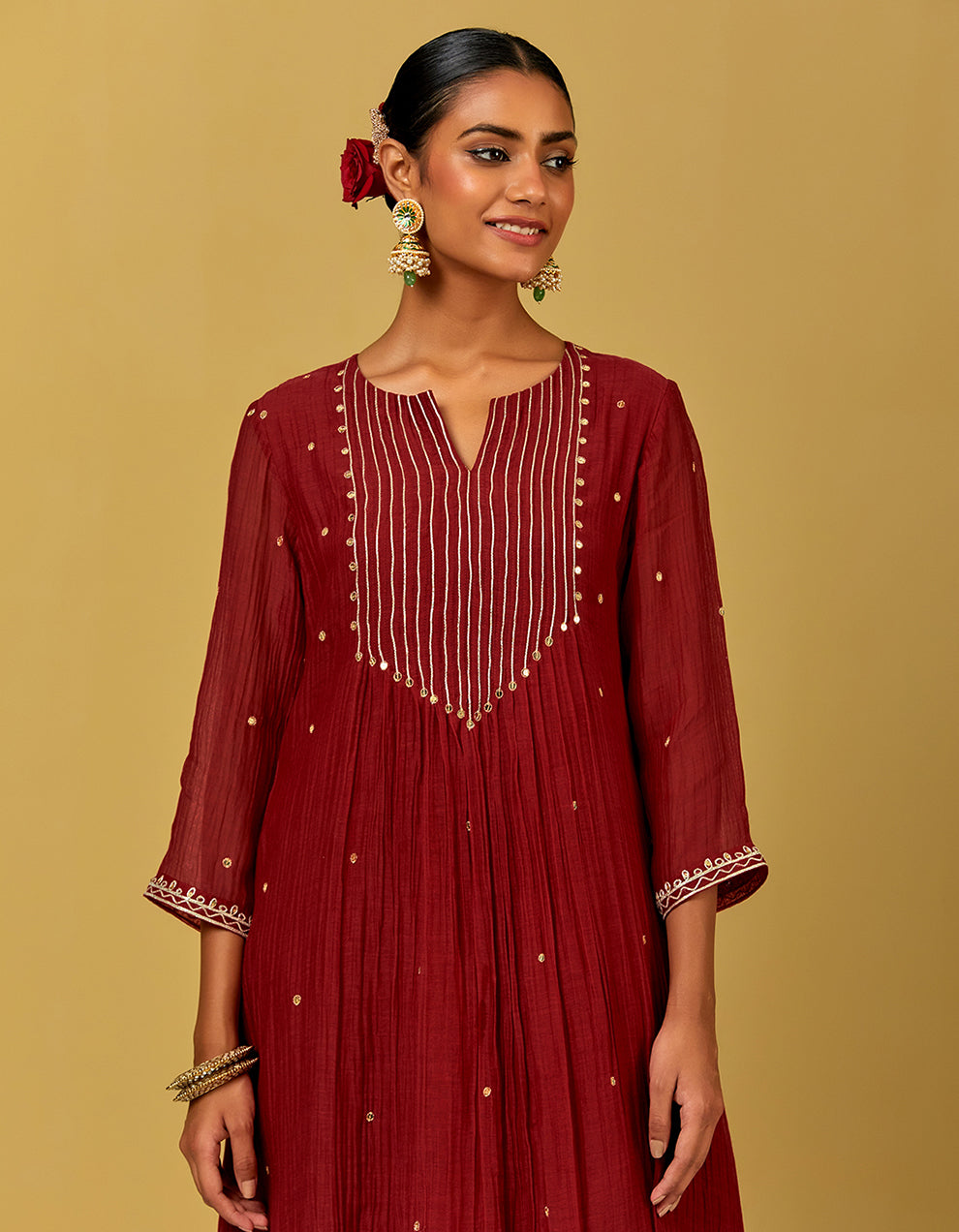 Red Embroidered Chanderi Kurta With Cotton Pants And Dupatta