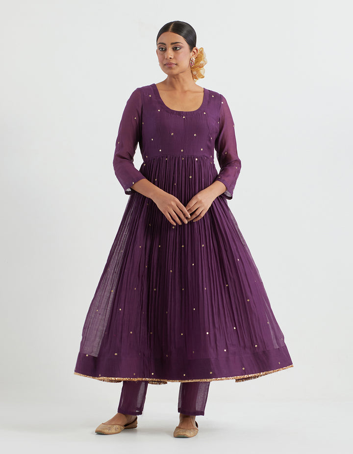 Purple Embroidered Light Chanderi Anarkali and Dupatta with Cambric Pants