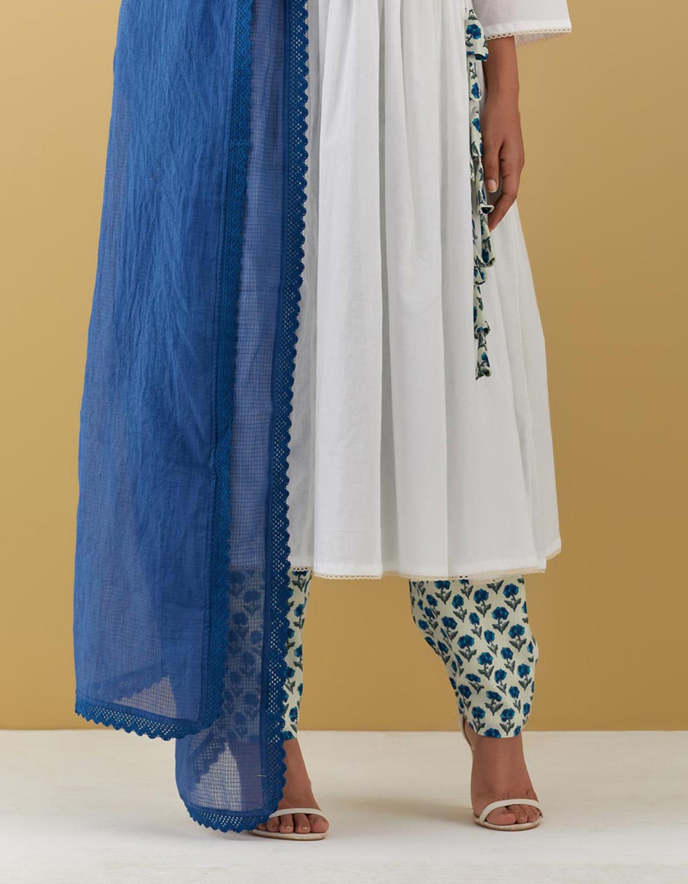 White Angrakha Kurta With Blue Block Printed Pants And Lace Dupatta
