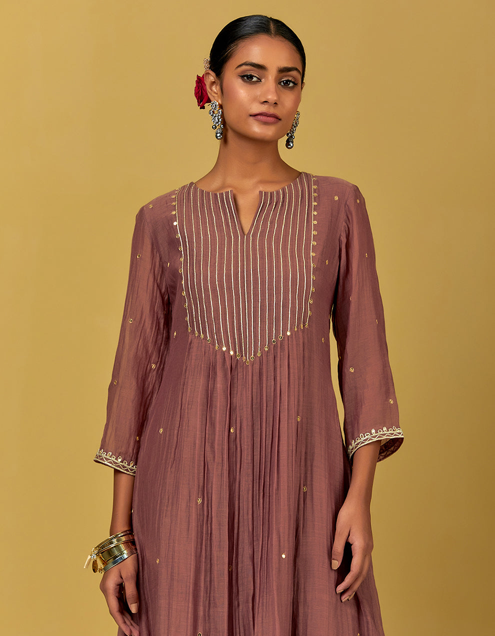 Dust Pink Embroidered Chanderi Kurta With Cotton Pants
