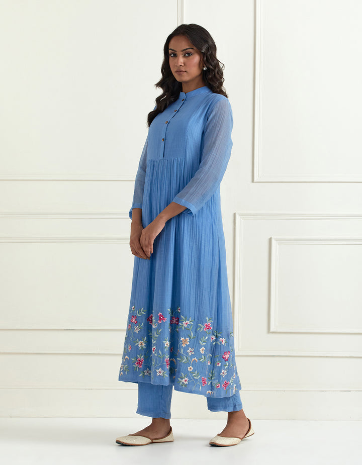 Blue hand embroidered chanderi kurta with pants and dupatta