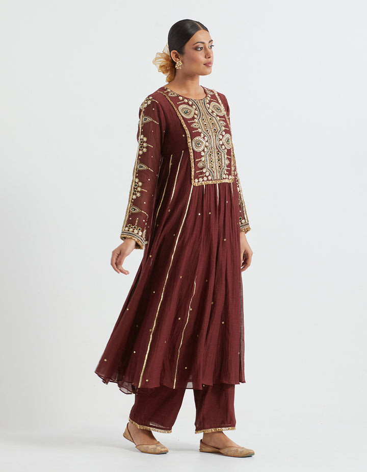 Maroon Light Chanderi Kurta With Pants and Tissue Dupatta