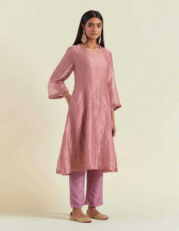 Dusty Rose Shimmer Organza Kurta With Muslin Pants and Tissue Dupatta