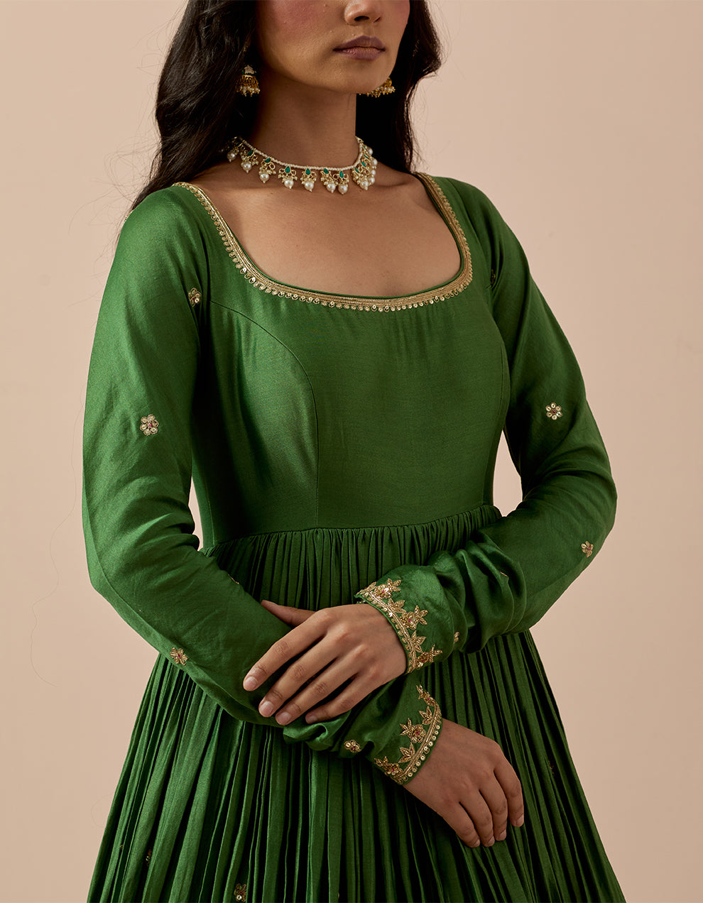 Forest Green Chanderi Anarakli with Pure Organza Dupatta