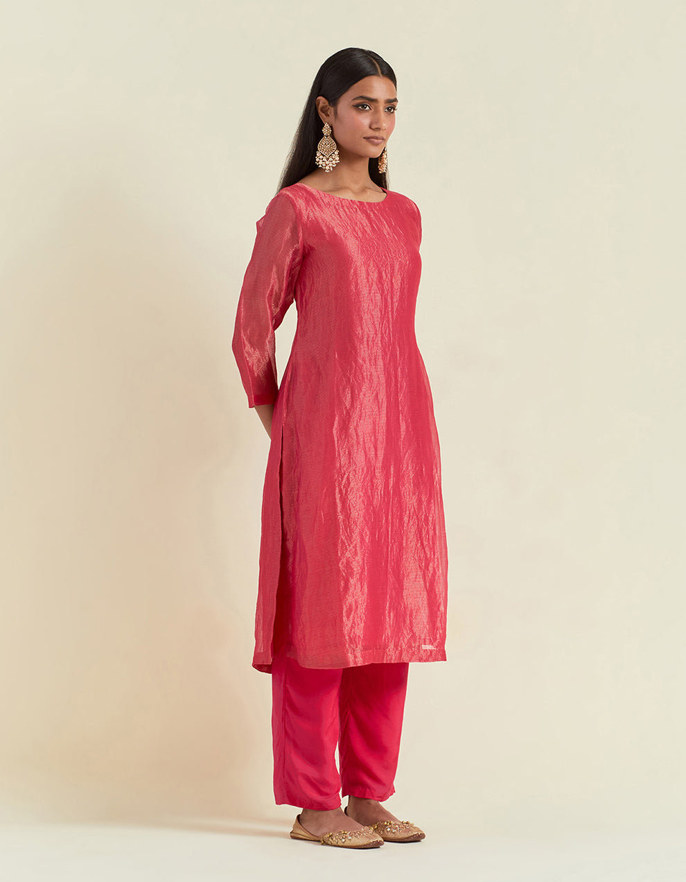 Pink Shimmer Organza Kurta With Muslin Pants