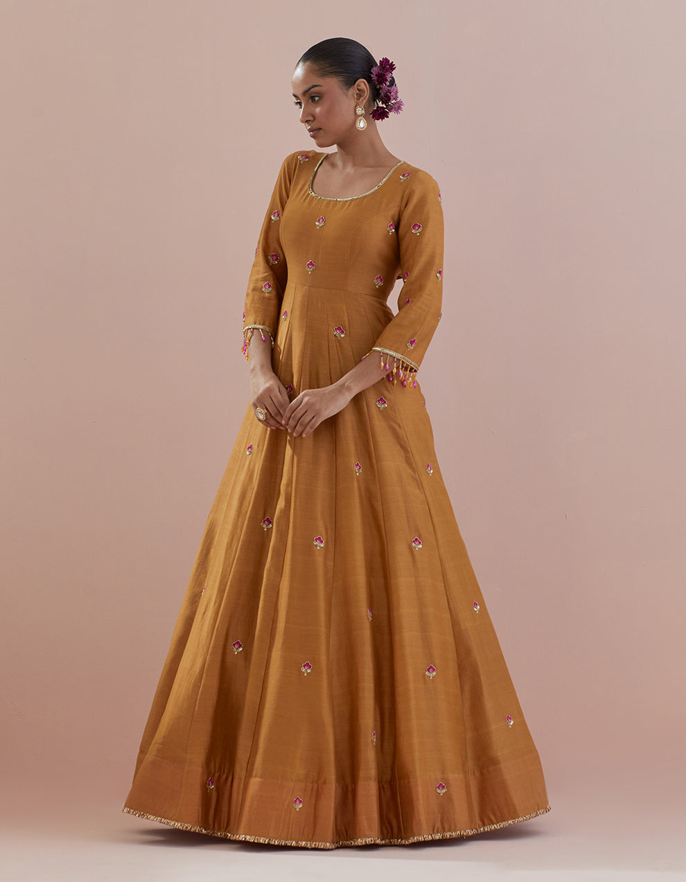 Mustard Chanderi Anarkali with Organza Dupatta