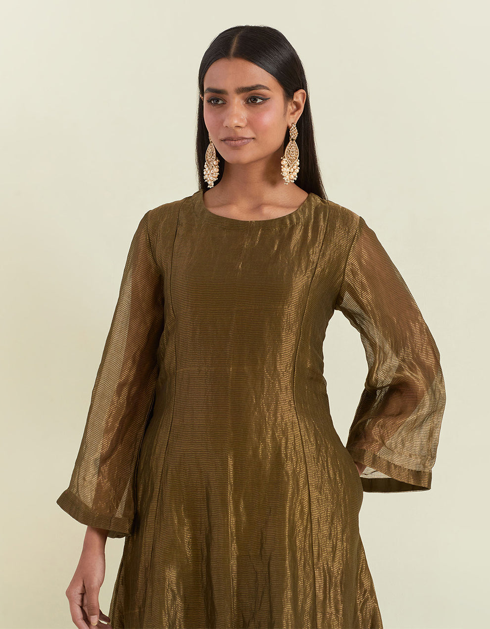 Olive Green Shimmer Organza Kurta With Muslin Pants