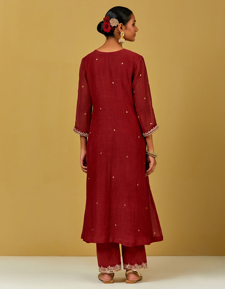 Red Embroidered Chanderi Kurta With Cotton Pants