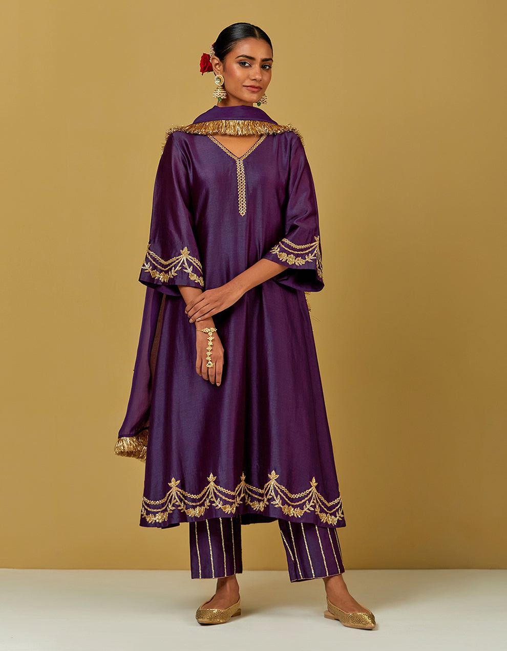 Purple Embroidered Chanderi Silk Kurta With Pants And Dupatta