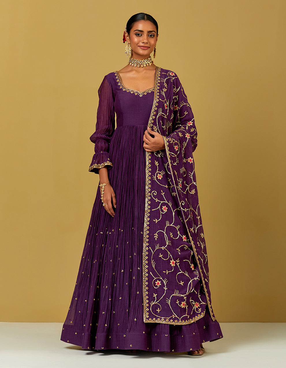 Purple Hand Embroidered Chanderi Suit And Dupatta