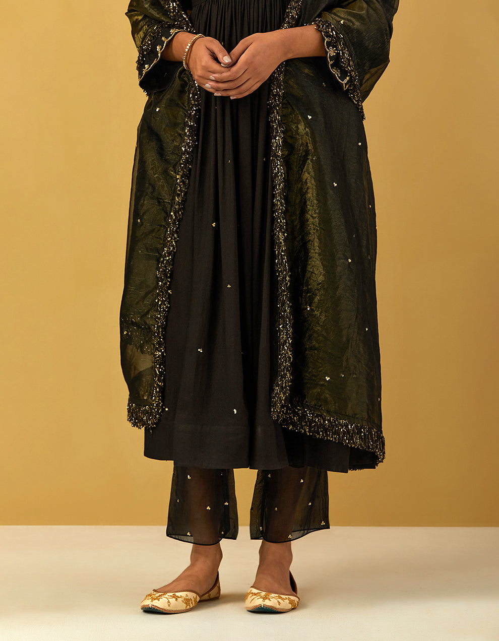 Black Cheese Cotton Anarkali With Pants And Shimmer Dupatta