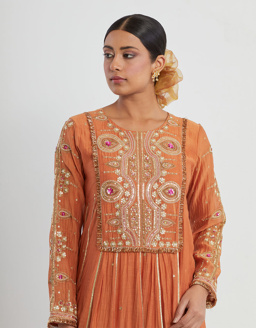 Orange Light Chanderi Kurta With Pants and Tissue Dupatta