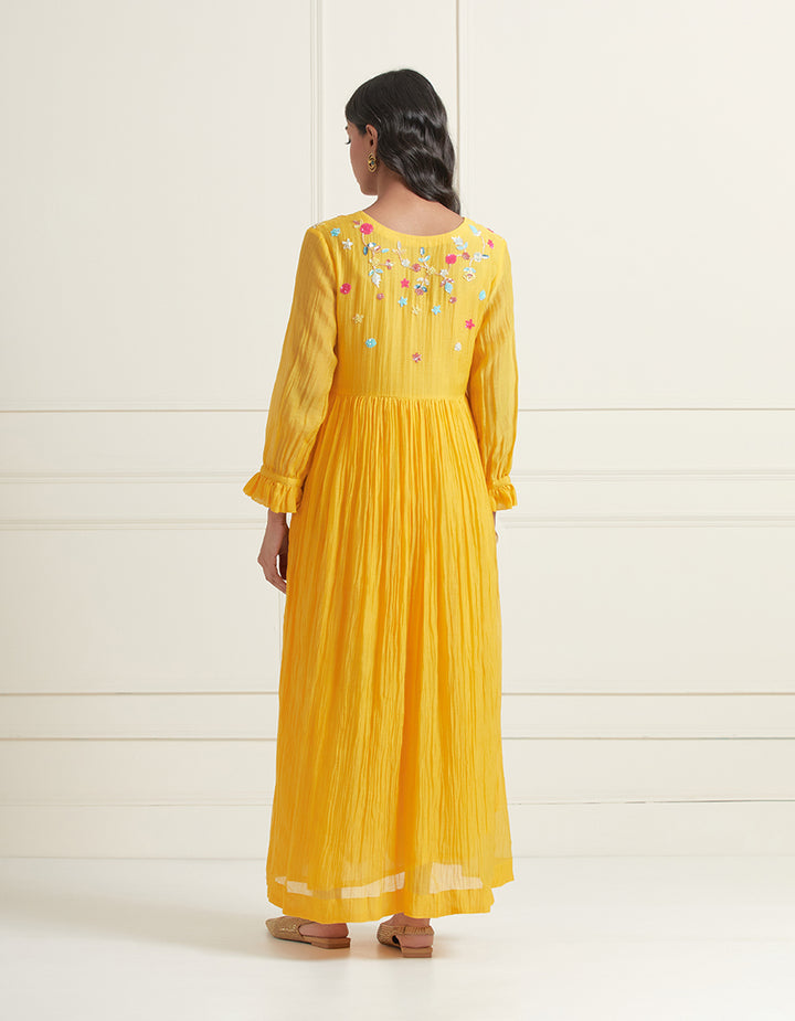Yellow Hand Embroidered Chanderi Gathered Dress