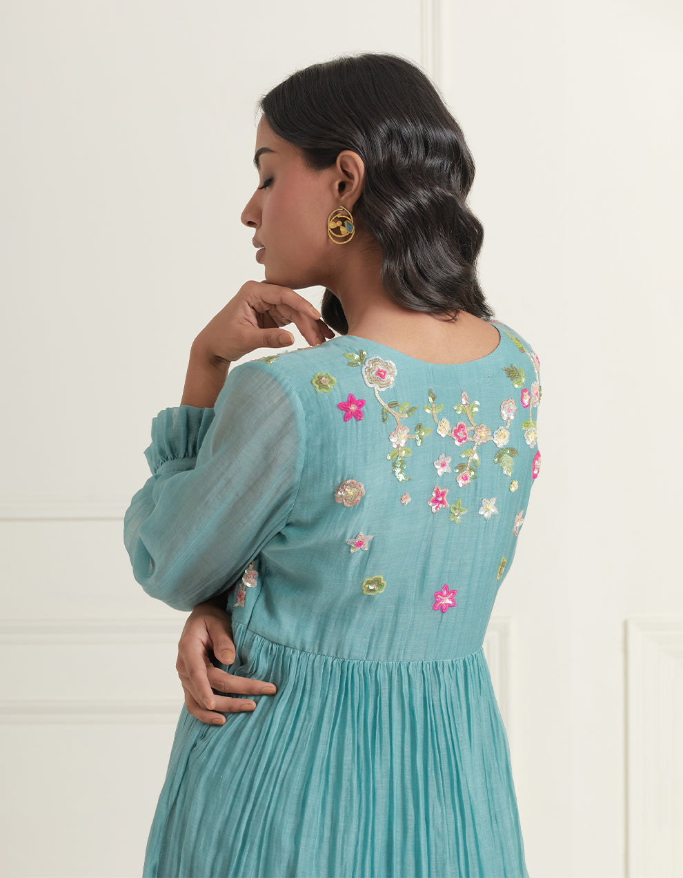 Teal Blue Hand Embroidered Chanderi Gathered Dress