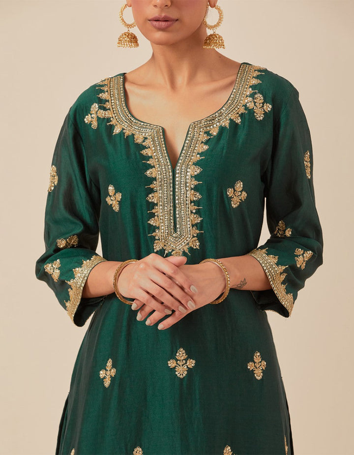 Green hand embroidered kurta with pants and dupatta