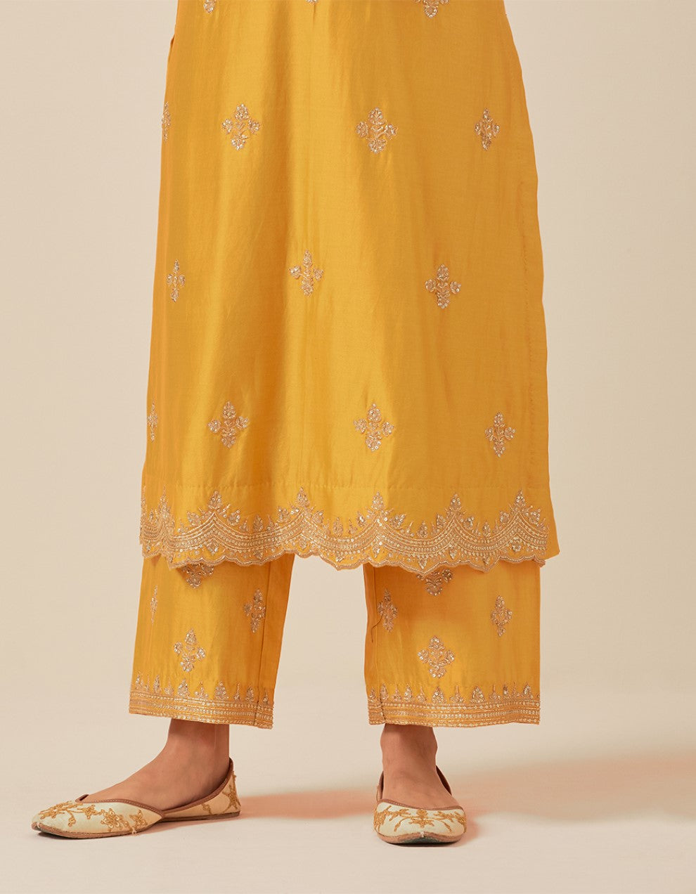 Yellow hand embroidered kurta with pants