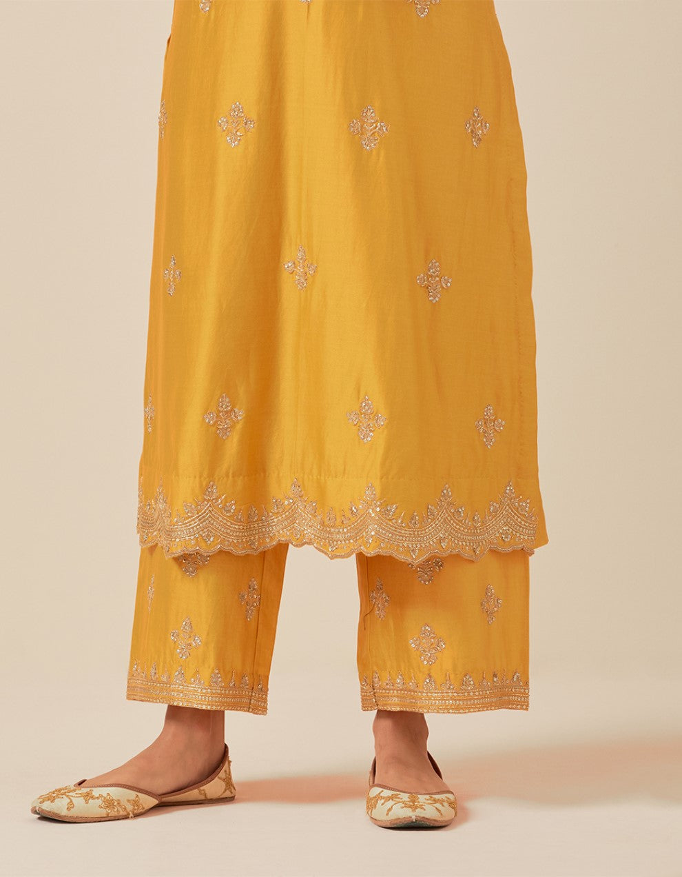 Yellow hand embroidered kurta with pants and dupatta