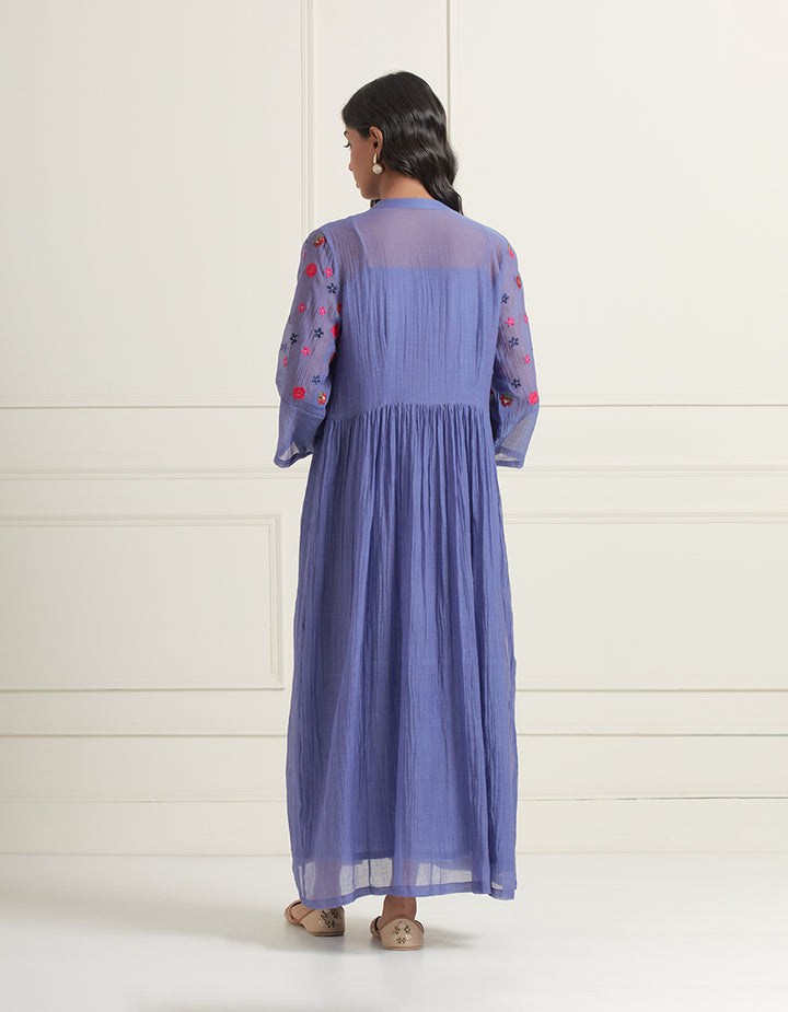 Blue Hand Embroidered Chanderi Gathered Dress