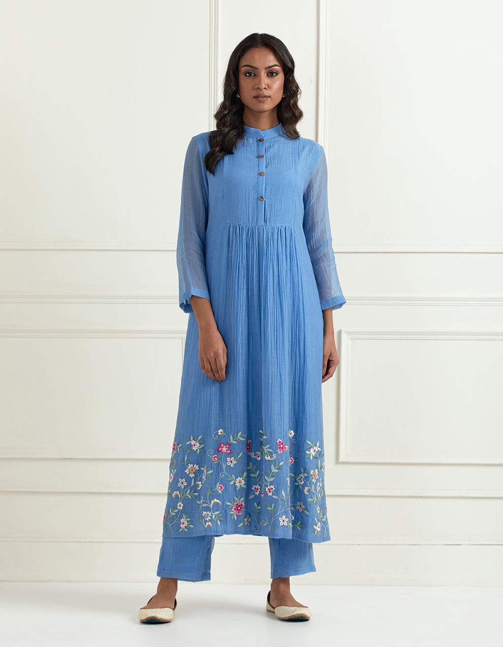 Blue hand embroidered chanderi kurta with pants and dupatta