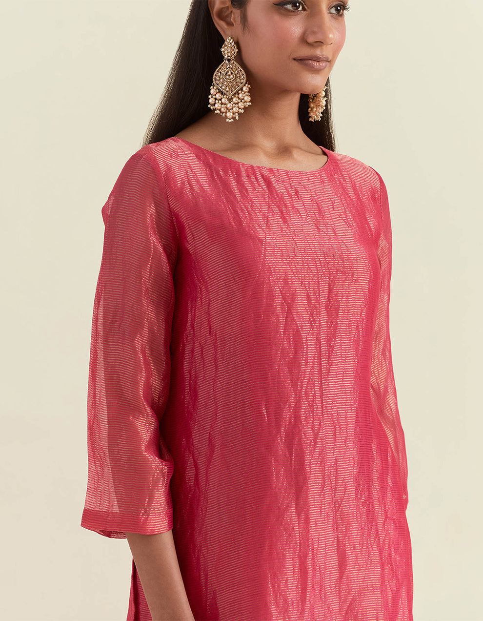 Pink Shimmer Organza Kurta With Muslin Pants and Tissue Dupatta