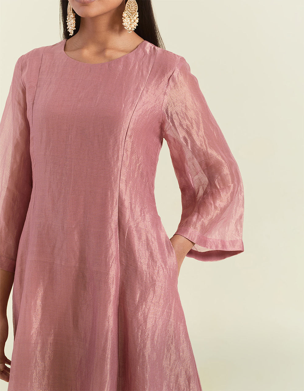 Dusty Rose Shimmer Organza Kurta With Muslin Pants and Tissue Dupatta