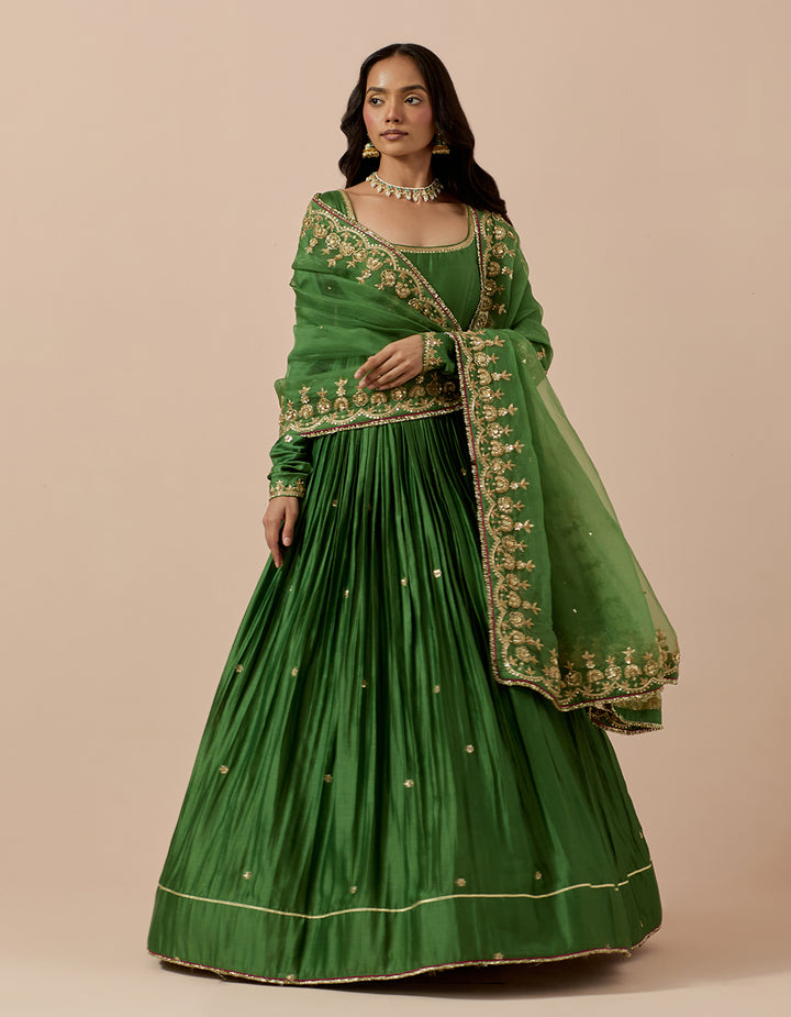 Forest Green Chanderi Anarakli with Pure Organza Dupatta