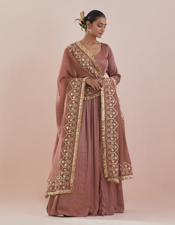 Cinnamon Brown Modal Satin Anarkali with Organza Dupatta