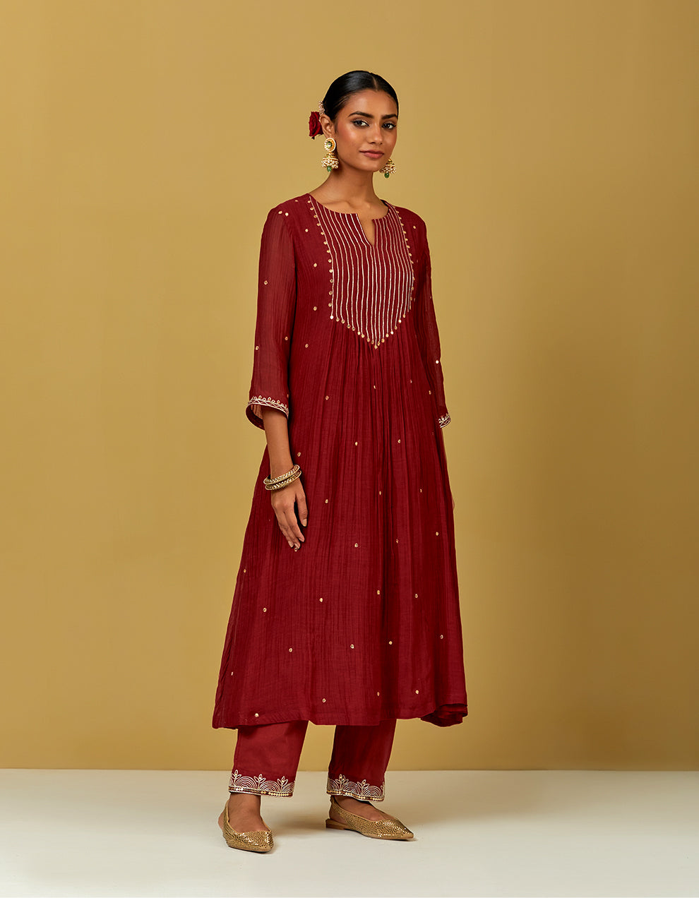 Red Embroidered Chanderi Kurta With Cotton Pants And Dupatta