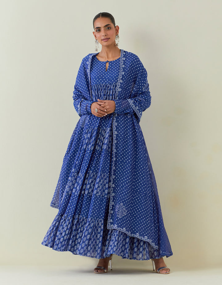 Blue Block Print Light Chanderi Tiered Kurta and dupatta with Cambric Churidar