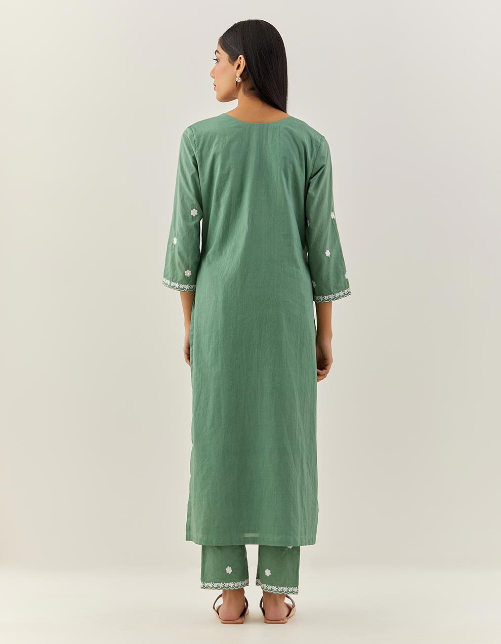 Green Embroidered Cotton Kurta With Pants