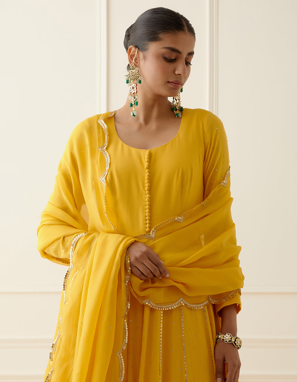 Yellow Cheese Cotton Floor Length Anarkali With Dupatta